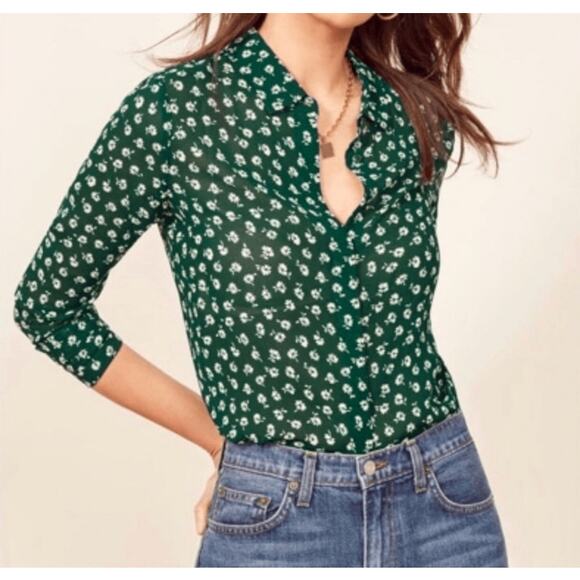 Reformation Green Button Ditsy Floral Long Sleeve Sheer S Top Preppy MSRP $148 - Picture 1 of 9